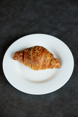 italian whole grain brioche croissant on the white plate on grey store background, Italian breakfast 