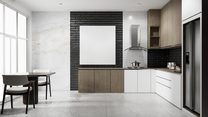 Mock up black brick design modern loft style on kitchen counter scene mockup and set shaped kitchen design. 3d rendering