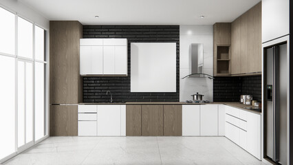 Mock up black brick design modern loft style on kitchen counter scene mockup and set shaped kitchen design. 3d rendering
