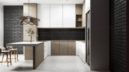 Mock up black brick design modern loft style on kitchen counter scene mockup and set shaped kitchen design. 3d rendering