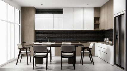 Mock up black brick design modern loft style on kitchen counter scene mockup and set shaped kitchen design. 3d rendering