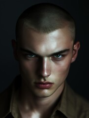 Fototapeta premium Close-up portrait of a young man's face. he has a shaved head and blue eyes, and his expression is serious and intense.