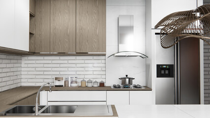 white brick wall modern loft style on kitchen counter scene mockup kitchen bar and set shaped kitchen design. 3d rendering