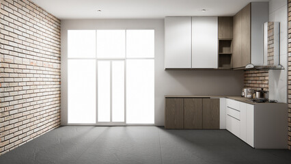 loft style on kitchen counter scene mockup and set shaped kitchen design. 3d rendering