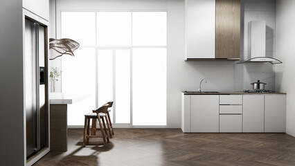 mockup table bar on set kitchen shaped modern style concept. 3d rendering