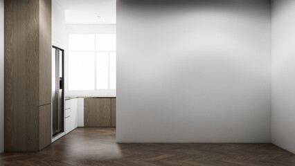 empty wall on Kitchen  modern style white and wood concept. 3d rendering