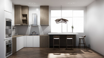 mockup table bar on set kitchen shaped modern style concept. 3d rendering
