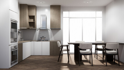 mockup table bar on set kitchen shaped modern style concept. 3d rendering