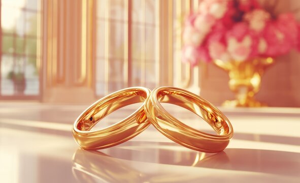 Golden wedding rings on a reflective surface. Soft, elegant background, with a romantic ambiance