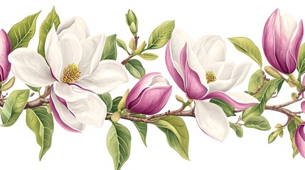Obraz premium Delicate Magnolia Flowers in Bloom on a Branch with Shades of Pink and White Petals