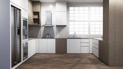 mockup white Kitchen bar on set kitchen shaped modern style white and wood concept. 3d rendering
