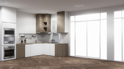 mockup white Kitchen bar on set kitchen shaped modern style white and wood concept. 3d rendering