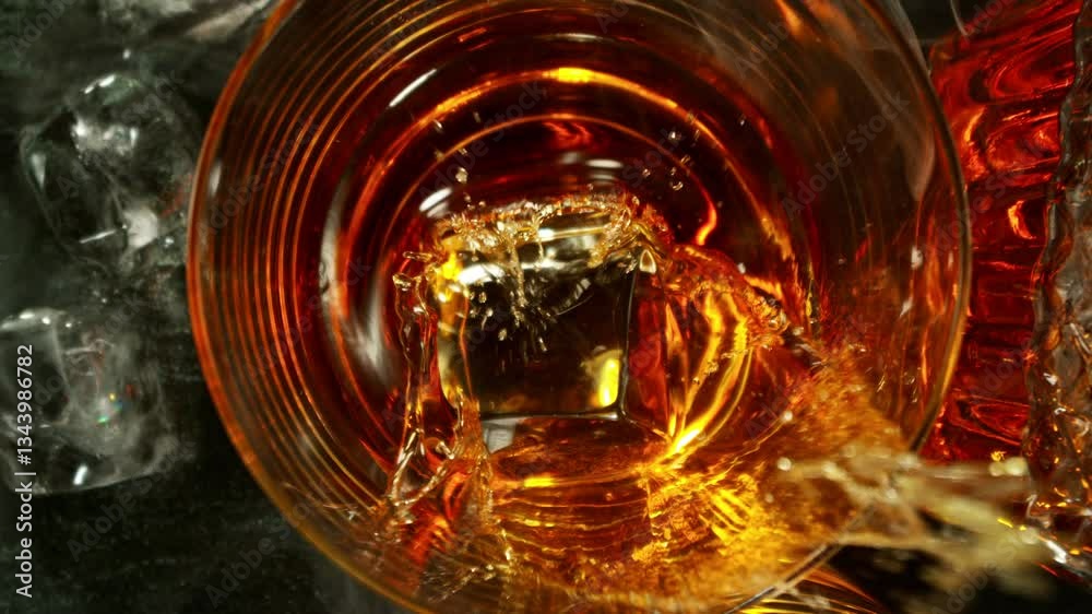 Poster super slow motion of falling ice cube into cola drink. filmed on high speed cinema camera, 1000 fps,
