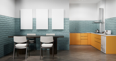 modern loft style on kitchen orange counter scene mockup and set shaped kitchen design. 3d rendering