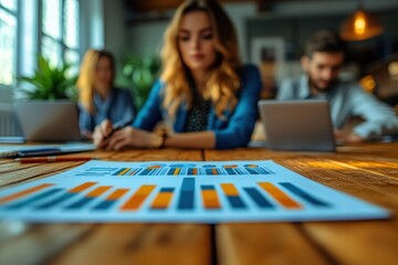 Fototapeta premium Team Collaborating on Financial Analysis with Charts and Graphs in Modern Office Environment