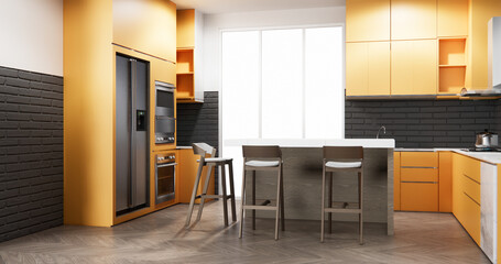 modern loft style on kitchen orange counter scene mockup and set shaped kitchen design. 3d rendering