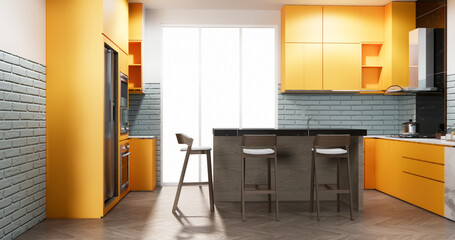 modern loft style on kitchen orange counter scene mockup and set shaped kitchen design. 3d rendering