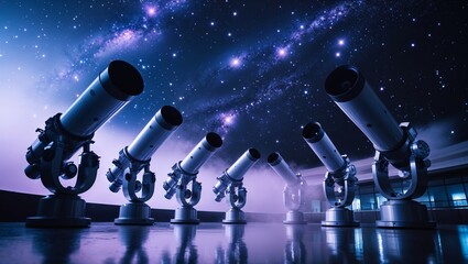 Telescopes aligned in a modern observatory under a starry night sky revealing the wonders of the universe