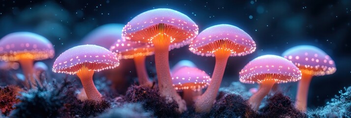 Naklejka premium Surreal Bioluminescent Mushrooms Glowing in Neon Colors with Intricate Details and Dark Ambient Background