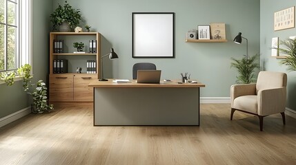 Modern Minimalist Office Interior Design Featuring Desk and Bookshelves with Green Walls and Natural Light