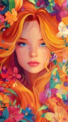 A redhead woman surrounded by vibrant flowers.