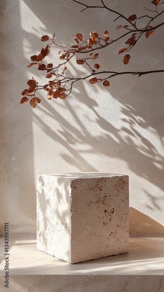 Poster a textured stone block sits elegantly on a surface, casting intriguing shadows. delicate autumn leav
