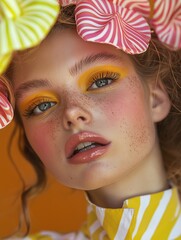 Naklejka premium Close-up portrait of a young girl's face. she has blonde hair that is styled in loose curls and is wearing a pink and white striped bow on her head.