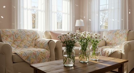 Daisies in Vases on Wooden Table in Bright Living Room