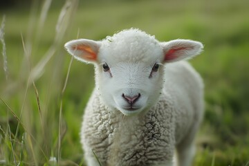 Obraz premium Adorable Young Lamb Standing in a Lush Green Pasture with Soft Fur and Bright Eyes