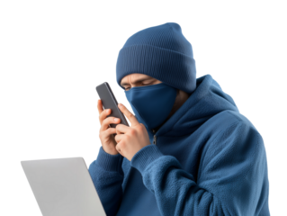 Man wearing beanie and mask using smartphone while working on laptop in a cozy indoor setting