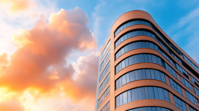 Modern building with curved design and sunset sky