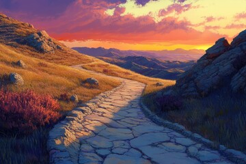 Mountain path at sunset.  A winding stone road ascends a hilltop,  with colorful, dramatic sky.  A vista unfolds, with distant mountains,  golden sunlight, and rocky terrain