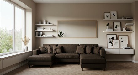 Dark Brown Sectional Sofa in Bright Modern Living Room Interior