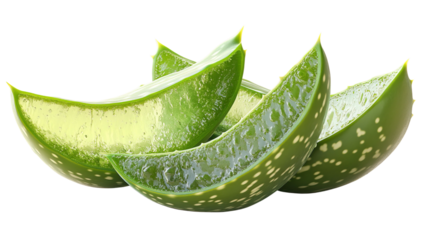 Aloe Vera Slices: Close-up of fresh aloe vera slices, showcasing their juicy, translucent gel and vibrant green exterior. A natural remedy for health and wellness