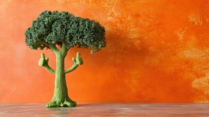 Funny kale tree with thumbs up against orange background.