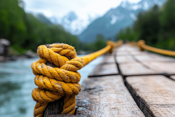 Fototapeta premium Yellow rope tied in knot on wooden bridge by river