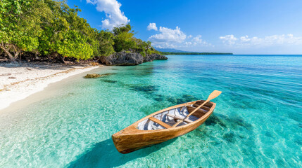 Naklejka premium serene wooden boat rests on clear turquoise water
