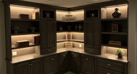 Dark Wooden Built-in Shelves with Books and Decorative Items Displayed