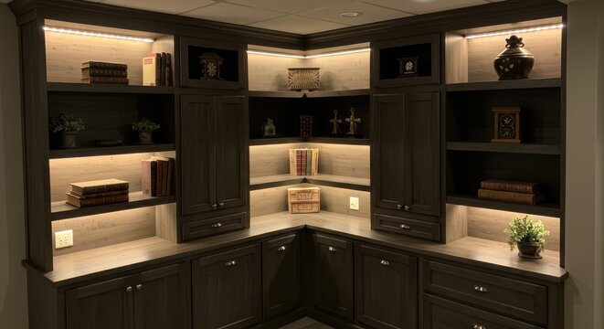 Dark Wooden Built-in Shelves with Books and Decorative Items Displayed