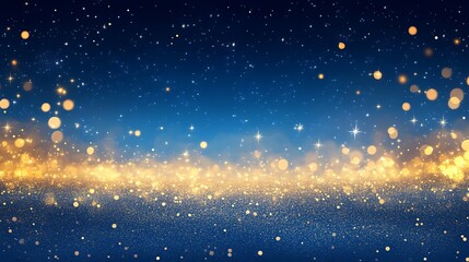 Naklejka premium A magical night sky filled with golden sparkles and glittering dust, a breathtaking celestial scene with deep blue tones and shimmering light.