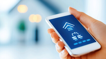 Mobile app interface for smart home control displayed on smartphone in hand indoors, technology and convenience for modern living