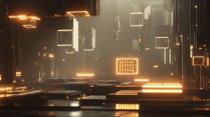 Futuristic, abstract, architectural interior scene with glowing, geometric shapes and light.