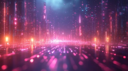 Neon city digital road, glowing lines, futuristic cityscape background