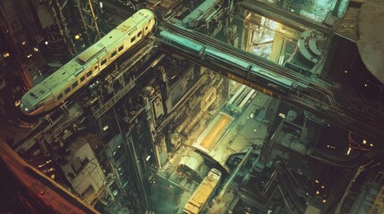 Futuristic aerial view of an intricate network of elevated train tracks and industrial structures, with a mix of light and dark tones.