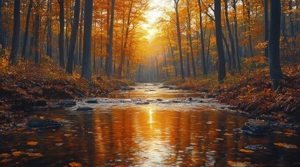 Serene Autumn Forest Stream Vibrant Colors Reflection Nature Landscape