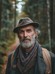 Portrait of a middle-aged man with a long beard and mustache. he is wearing a brown hat and a brown jacket with a scarf around his neck.