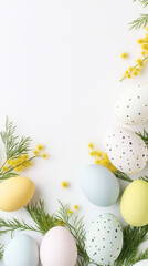 Elegant Easter eggs with floral decor on white background &ndash; spring holiday minimal flatlay