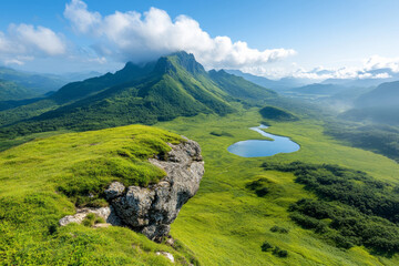 Breathtaking mountain landscape with lush greenery and lake