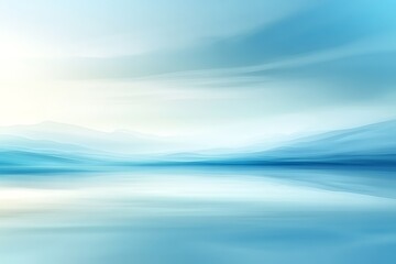 Fototapeta premium Serene, abstract landscape with calm water reflecting a hazy mountain range under a soft sky.