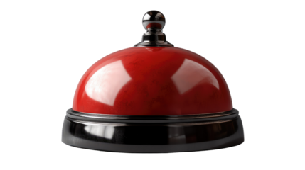 Reception Desk Bell: A classic red bell, often found on reception desks, captured from a close-up angle, its shiny surface reflecting ambient light.